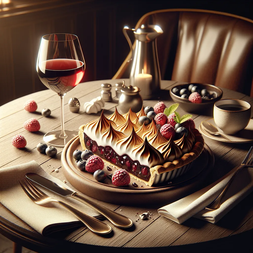 Chocolate and raspberry pie with layers of meringue