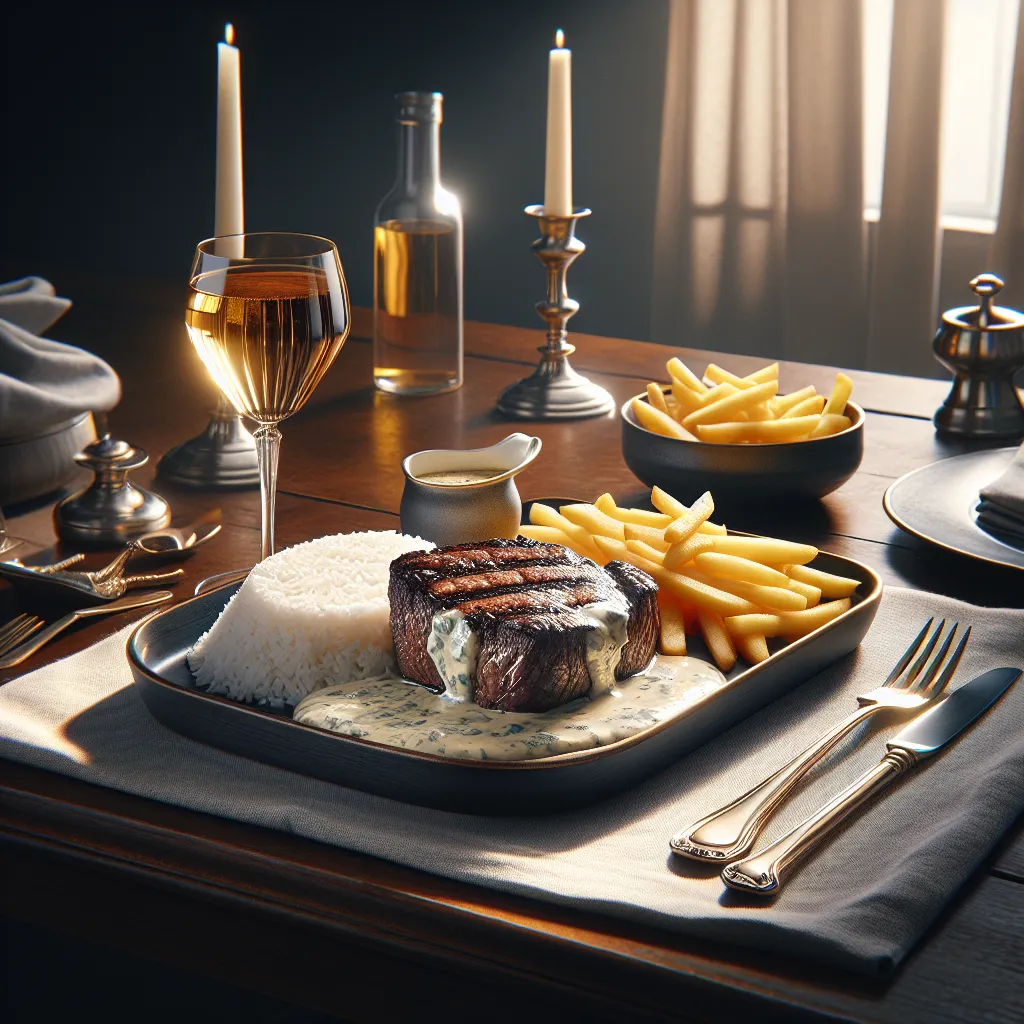 Filet mignon with gorgonzola sauce with white rice and chips