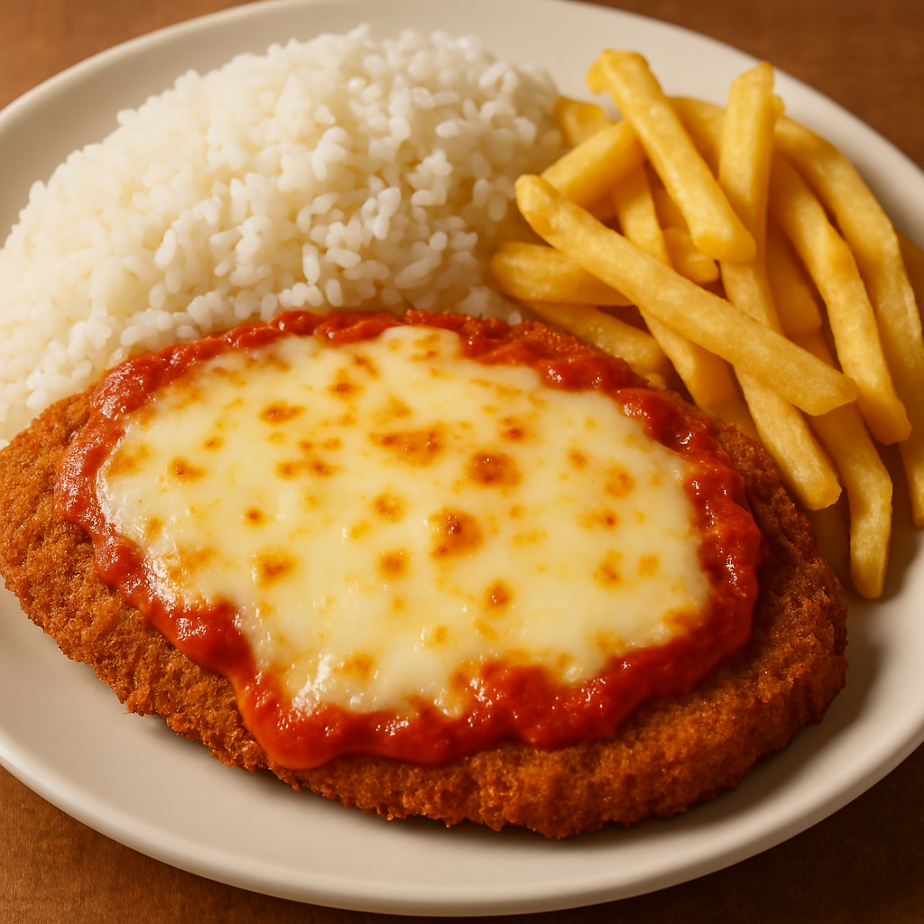** Meat fillet to parmigiana with white rice and chips **