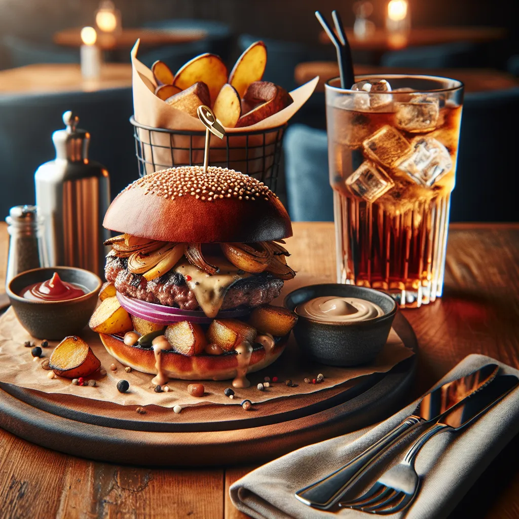 Gourmet hamburger with rustic potatoes and special sauce