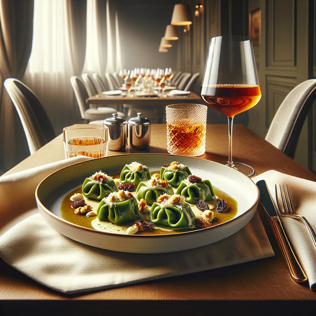 Green agnolotti stuffed with ricotta and chestnuts in four cheeses and raisins