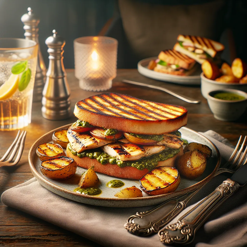 Grilled chicken sandwich with pesto sauce and rustic baked potatoes