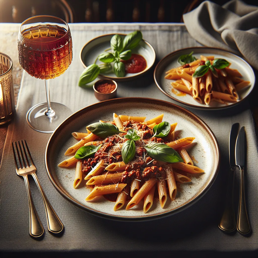 Penne with bolognese sauce with basil