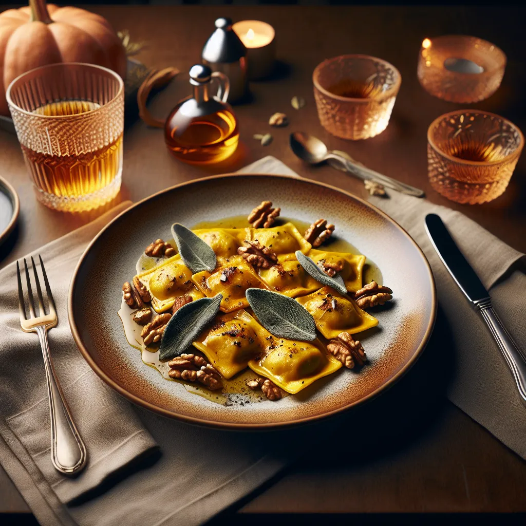 Pumpkin and sage ravioli with walnut sauce