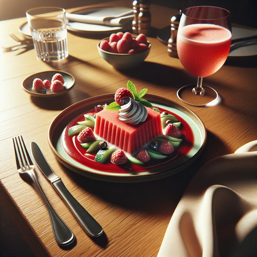 Refreshing watermelon foam with raspberry coulis