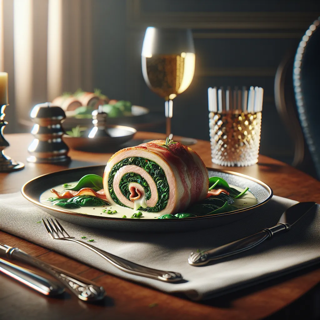 Roll of meat stuffed with spinach, cheese and bacon