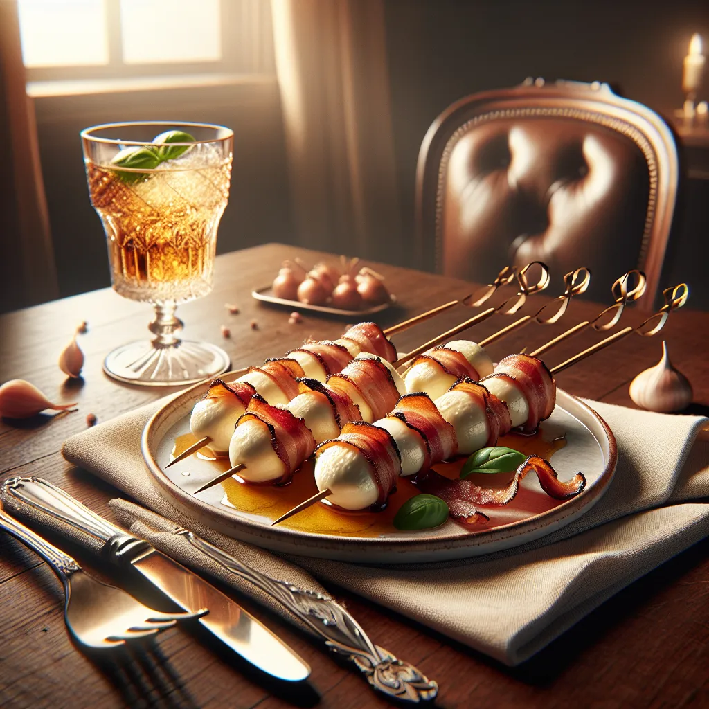 Smoked mozzarella skewers wrapped with bacon