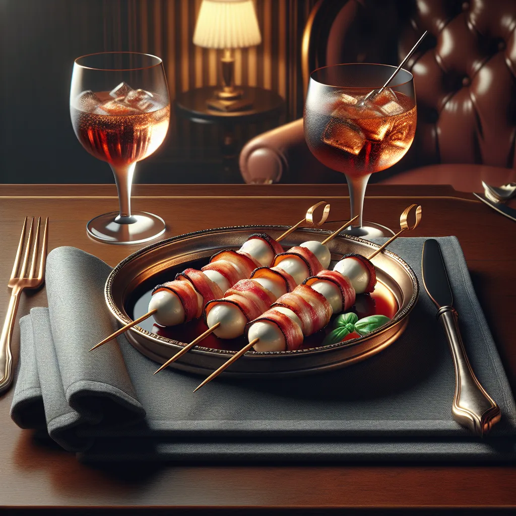 Smoked mozzarella skewers wrapped with bacon