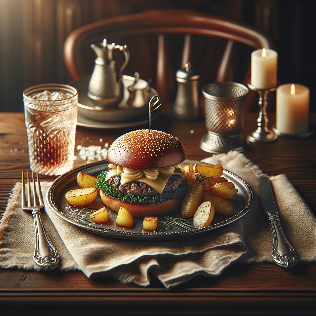 Special home hamburger with rustic potatoes and garlic mayonnaise