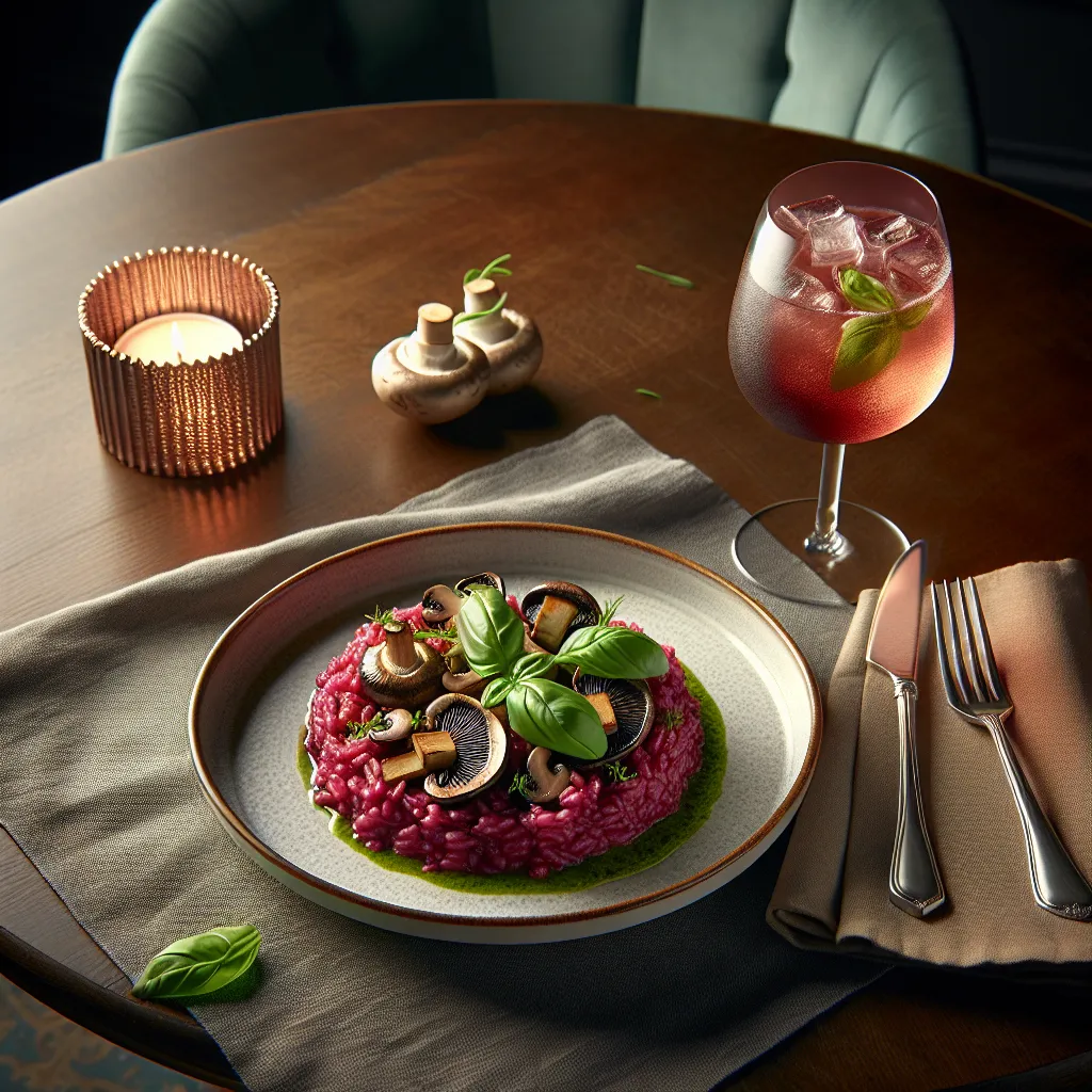 Beetraba Risotto and Mushrooms with Basil Pesto