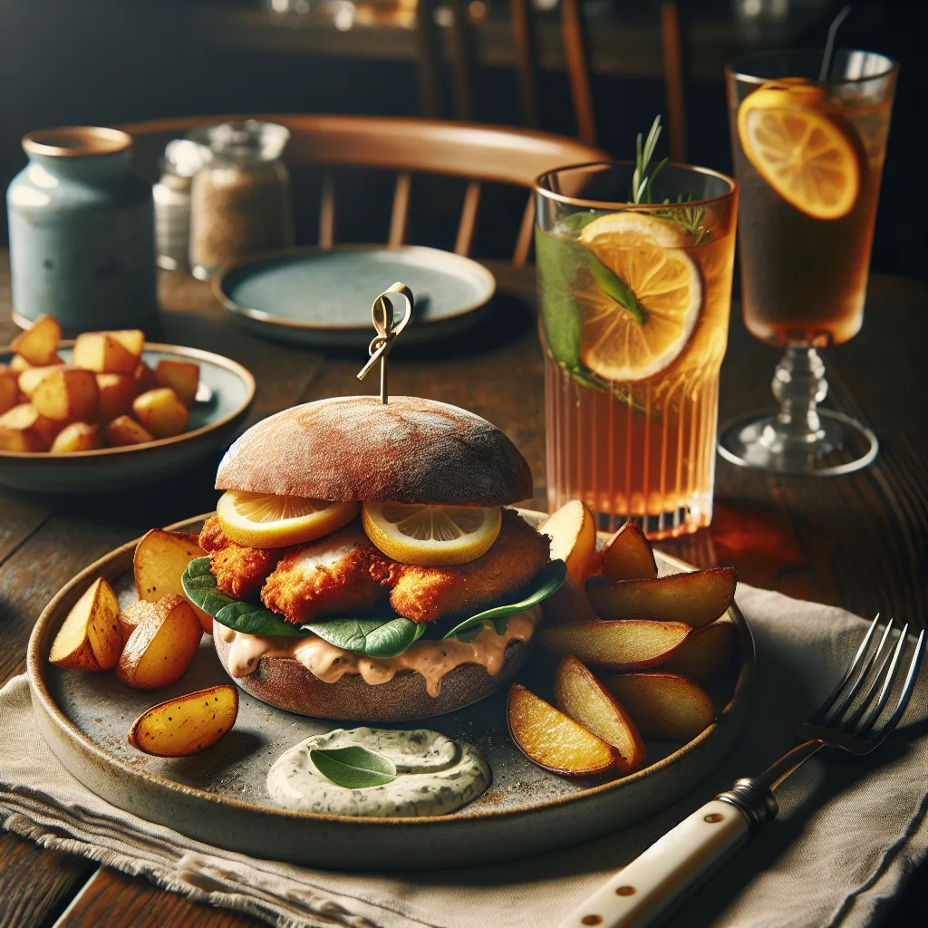 Crispy chicken sandwich with rustic potatoes and lemon aioli sauce