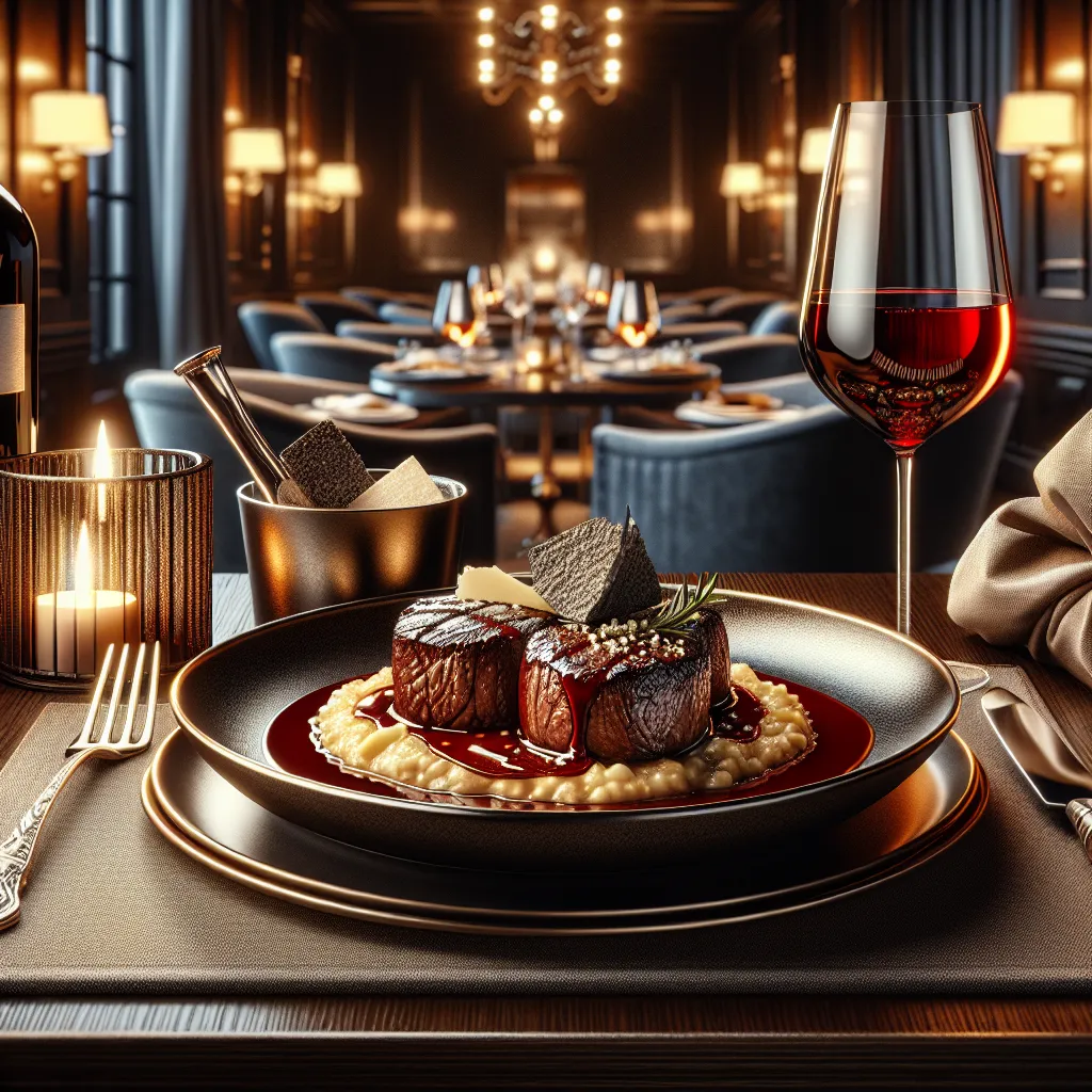 Filet mignon medallions in red wine sauce with truffled Parmesan risotto