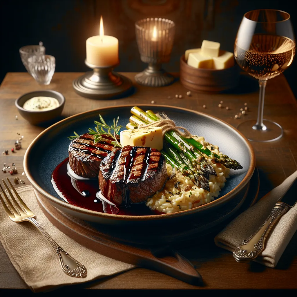 Filet Mignon Medallions in Red Wine Sauce with Brie Cheese Risotto and Grilled Asparagus