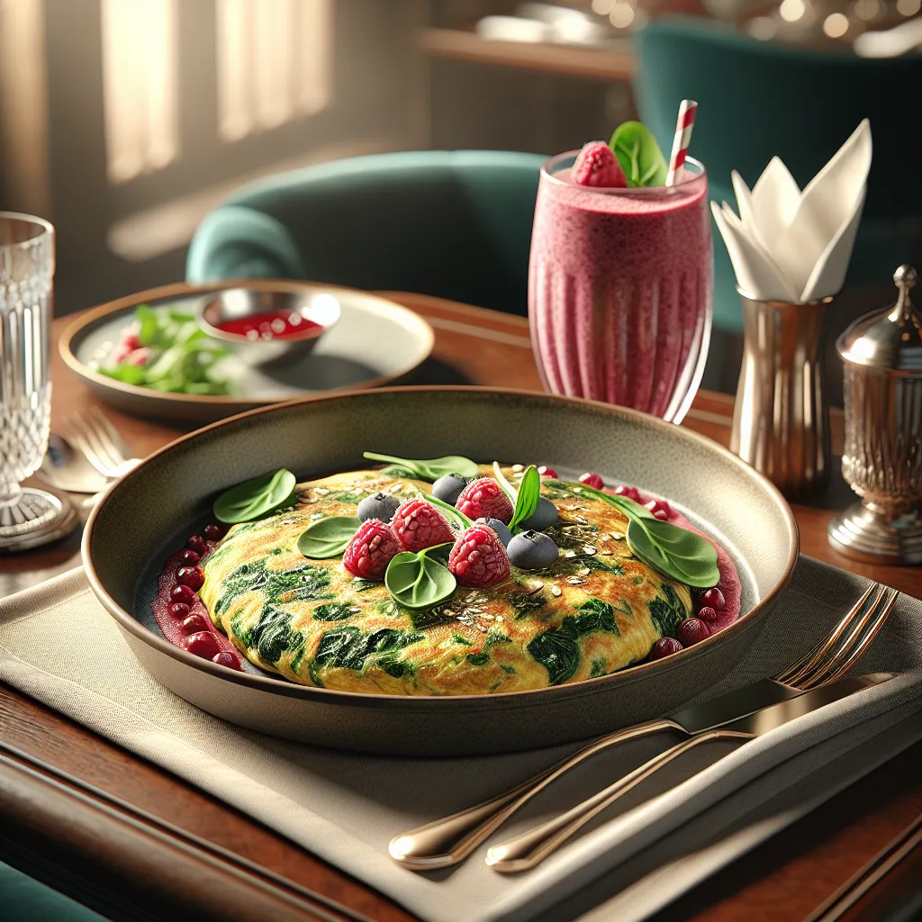 Spinach omelet with oats and red fruit smoothie