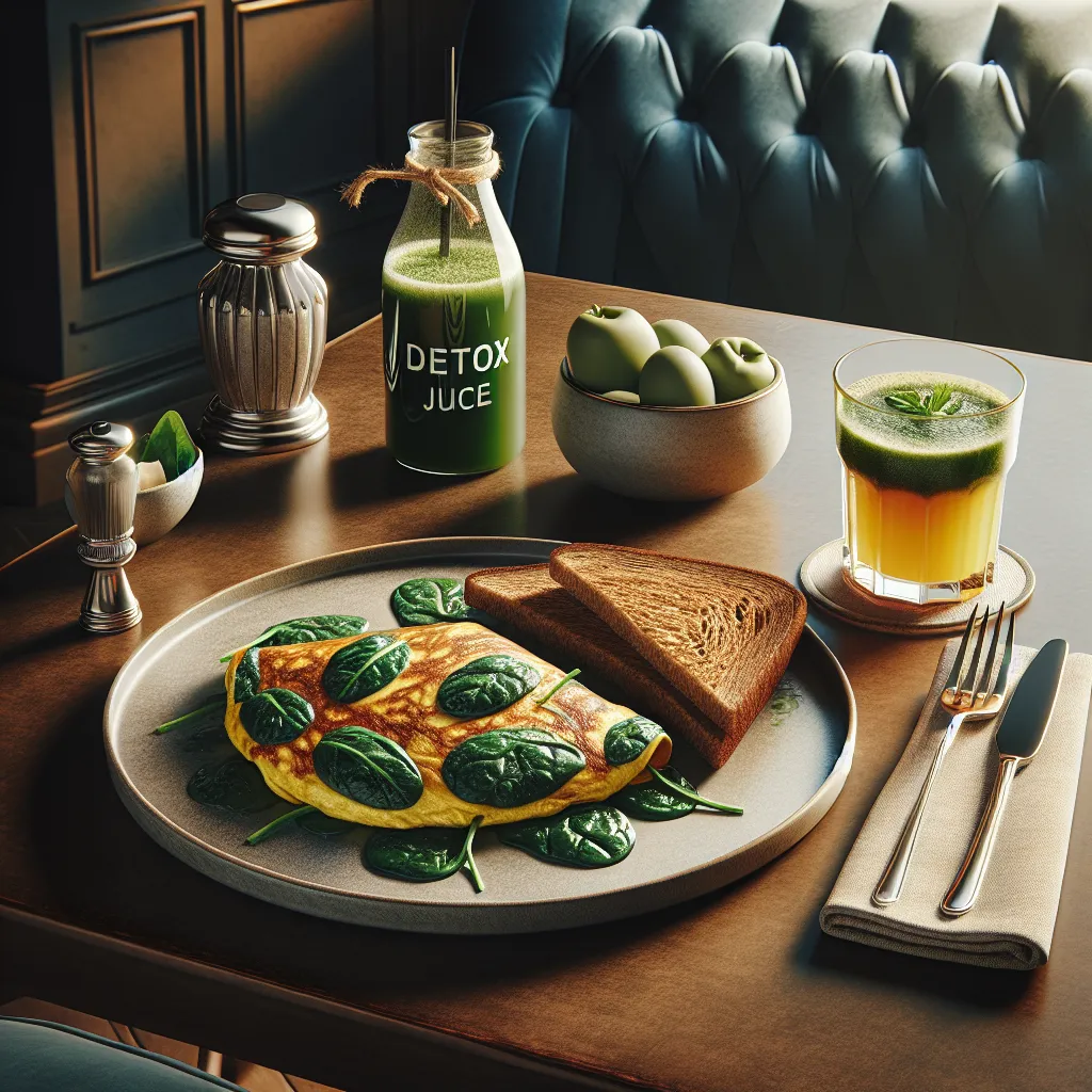 Spinach omelet with whole toast and detox juice
