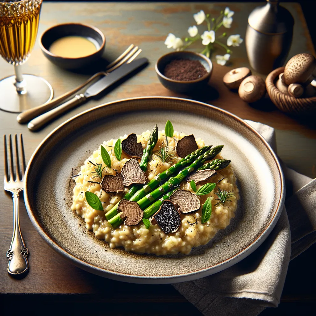 Wild mushroom risotto with truffles and gourmet vegan asparagus